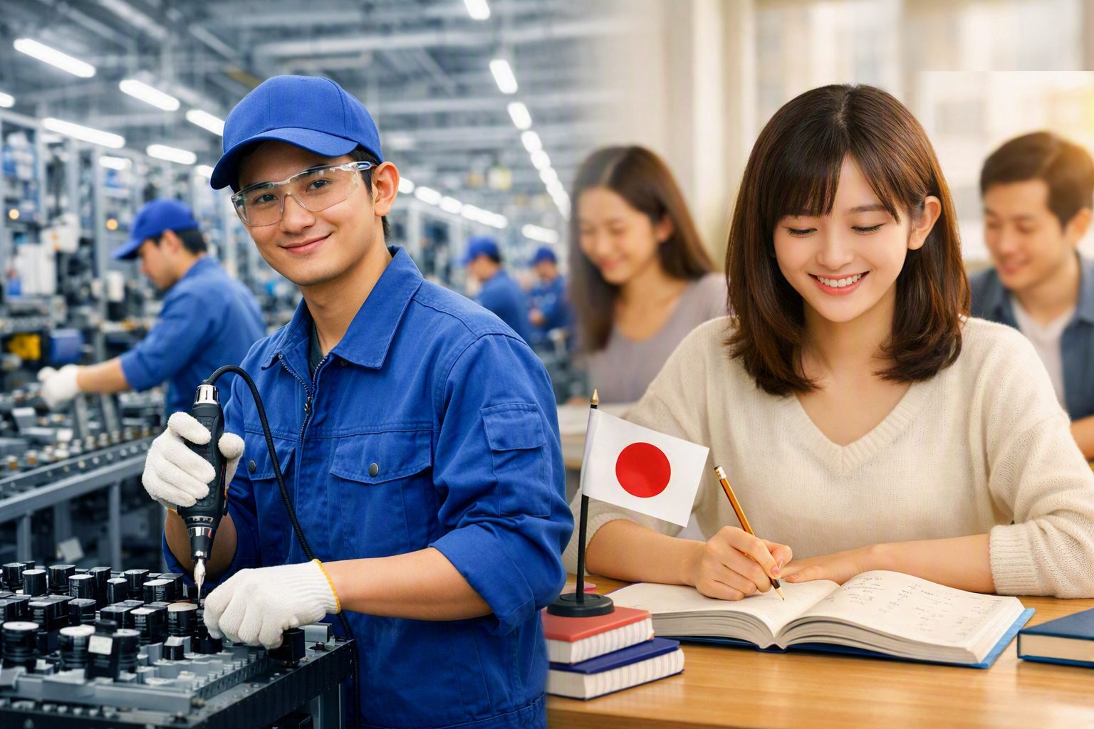 工場で働く外国籍の方と、日本語を学ぶ留学生のイメージ